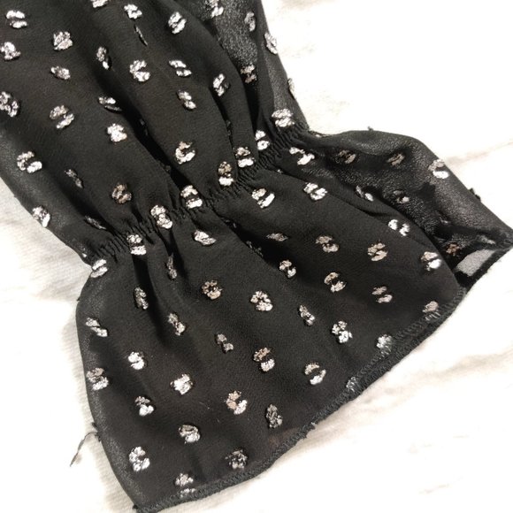 One One Six womens puff long sleeve button up ruffled top black silver dot sz S - Picture 5 of 6